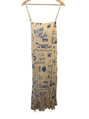 Beige and Navy Graphic Midi Slip Dress